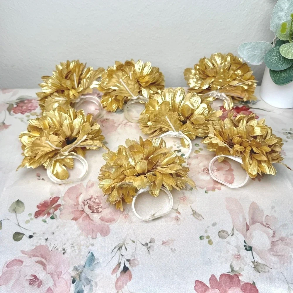 Set of 7 Metallic‎ Gold Floral Napkin Rings Flower Table Decor Wedding Holiday